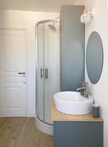 a bathroom with a sink and a shower at F2 cosy central I Rueil-Malmaison I La BonBonniere 92500 in Rueil-Malmaison