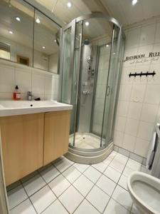 La salle de bains est pourvue d'une douche, d'un lavabo et de toilettes. dans l'établissement Jennifers Place, à Trondheim