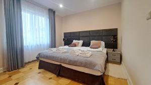 a bedroom with a large bed with a large window at Apartamenty Nadbrzeżna Premium 2 in Augustów