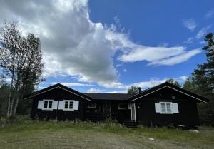 una casa negra con ventanas blancas en un campo en Baybu - cabin close Geilo Skisenter and the center of Geilo, en Geilo