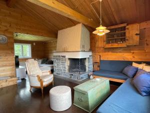 ein Wohnzimmer mit einem blauen Sofa und einem Kamin in der Unterkunft Baybu - cabin close Geilo Skisenter and the center of Geilo in Geilo