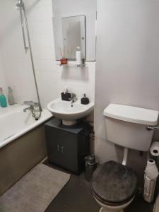 a bathroom with a sink and a toilet and a tub at 1 bedroom garden flat zone 2 in London