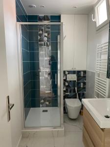 a bathroom with a glass shower and a toilet at Chat rose in Charenton-le-Pont