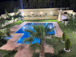 a swimming pool with a palm tree in a yard at Stunning 3-Bed Villa in Fes near fes sais airport in Fès