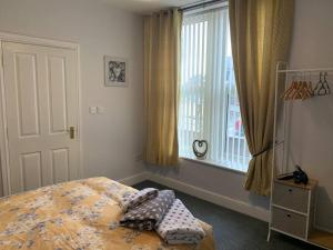 - une chambre avec un lit et une grande fenêtre dans l'établissement Flat 1 Petteril House, à Carlisle