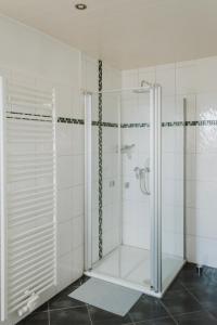 una doccia con porte in vetro in bagno di Ferienwohnung „Dachblick“ in Freudenberg a Freudenberg
