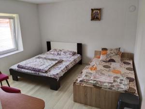 een slaapkamer met 2 bedden en een stoel. bij Studia Daniel in Ohrid
