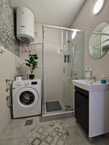 ein Badezimmer mit einer Waschmaschine und einem Waschbecken in der Unterkunft Apartman REA 1 in Pirot