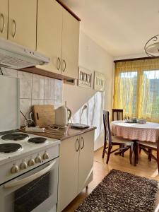 a kitchen with a stove and a dining table at Cosy apartment Sarajevo in Sarajevo