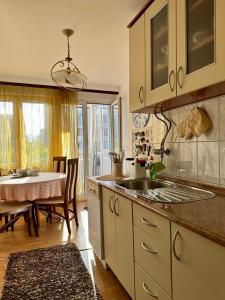 eine Küche mit einem Waschbecken und einem Tisch mit einem Esszimmer in der Unterkunft Cosy apartment Sarajevo in Sarajevo