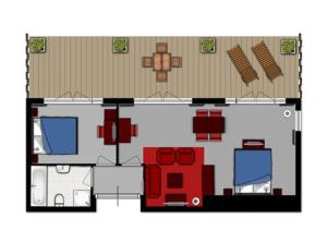 een plattegrond van een huis met rood en blauw meubilair bij Hotel Greenside Texel in De Koog