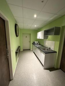 a kitchen with green walls and a counter top at L'Entrepotes in Rethel