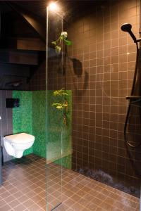 een badkamer met een toilet en een glazen douche bij Bijzonder stadshuis met diepe moderne tuin. in Alphen aan den Rijn