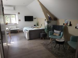 ein Schlafzimmer mit einem Bett, einem Sofa und einem Stuhl in der Unterkunft Le charmillon, Appartement cosi avec double garage in Mancey