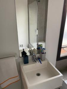 a bathroom with a white sink and a mirror at Nicaragua 6042 in Buenos Aires