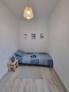 的住宿－Chez Cédric et Mélissa maison Lou Milhòc en Béarn，一间卧室配有一张蓝色的床和一张桌子