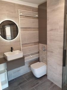 シュチェチンにあるApartament REDA CITYのトイレ、洗面台、鏡を備えたバスルーム