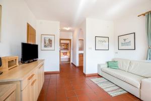 een woonkamer met een bank en een tv bij Weingut Lieselehof Apt Aurora in Caldaro