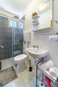 ein Bad mit einem WC, einem Waschbecken und einer Dusche in der Unterkunft Rooms Anna in Milna
