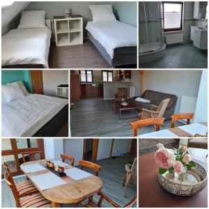 a collage of photos of a room with a bed and a table at Cityhaus in Parchim