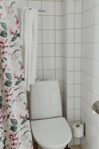 a bathroom with a toilet and a shower curtain at Slottsparken Motel in Huskvarna