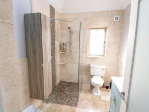 uma casa de banho com um WC e uma cabina de duche em vidro. em The Derries 