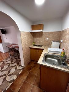 a kitchen with a sink and a table with chairs at PENSIUNEA KELEMEN in Praid