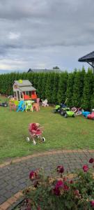 a playground with a toy dog in the grass at Domki Monika in Sarbinowo