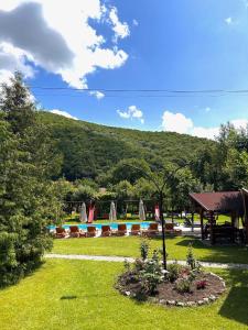 un jardin avec une piscine et une montagne dans l'établissement PENSIUNEA KELEMEN, à Praid