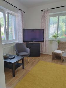a living room with a tv and a chair and a table at Stará Sázava in Sázava