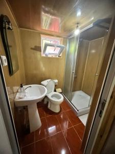 a bathroom with a toilet and a sink and a shower at Pirikiti in Akhmety