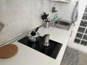 a stove top with pots and pans on it in a kitchen at Monolocale Portoverde Beach in Misano Adriatico