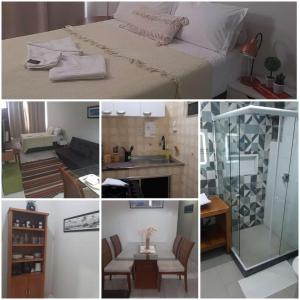 een collage van foto's van een slaapkamer en een keuken bij Estúdio na quadra da praia in Rio de Janeiro