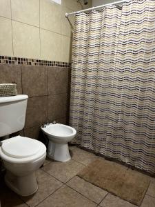 a bathroom with a toilet and a shower curtain at Departamento Cristo del Portezuelo II in Chilecito