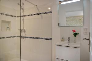 a white bathroom with a shower and a sink at La Maronniere in Challignac +29 photos