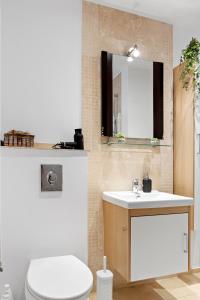 a bathroom with a toilet and a sink and a mirror at City Heart Retreat Elegant Apartment in Bucharest