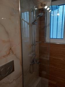 a shower with a glass door in a bathroom at Acropolis Panoramic Studio in Athens