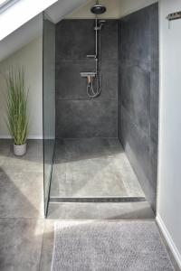 um chuveiro com uma porta de vidro na casa de banho em Ferienwohnung BEST em Hünxe