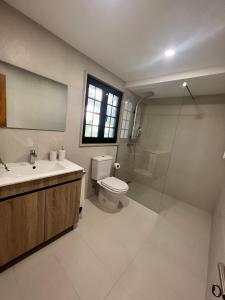 y baño con aseo, lavabo y ducha. en Bouça do Sossego en Ribeirão