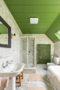 uma casa de banho com um lavatório e um chuveiro em Au coeur des champs em Nivelles
