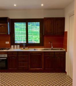 eine Küche mit Holzschränken, einem Waschbecken und 2 Fenstern in der Unterkunft Tenuta Kiwi dell’Etna in Milo