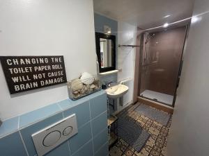 La salle de bains est pourvue d'un lavabo, de toilettes et d'une douche. dans l'établissement Fancy holiday home 300m from beach with garage, à Ostende