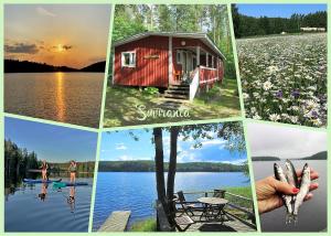 een collage van foto's van een meer en een hut bij Lappalaisen lomamökit Suviranta in Puumala