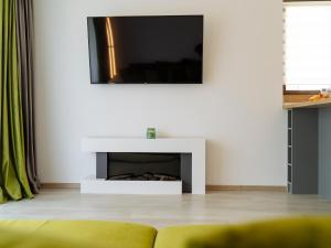 a living room with a fireplace with a tv on the wall at Nature Loft by the river in Buşteni +30 photos