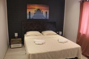 利兹扬Apartments Mia with pool near Medulin的一间卧室，床上有两个枕头