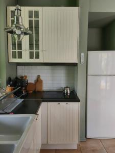uma cozinha com armários brancos e um frigorífico branco em Eco Residence em Ribarica