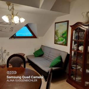 Apartment mit Terrasse und Bergblick في Lendorf: غرفة معيشة مع أريكة وطاولة