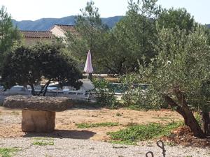 una panchina di pietra in un cortile con un ombrello di mas clair de lune a Saint-Rémy-de-Provence