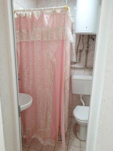 a bathroom with a pink shower curtain and a toilet at Vila Fantastico in Skopje