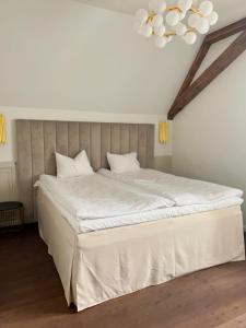 een slaapkamer met een groot wit bed en een kroonluchter bij Rezidence Wannas Self Check in in Sigulda